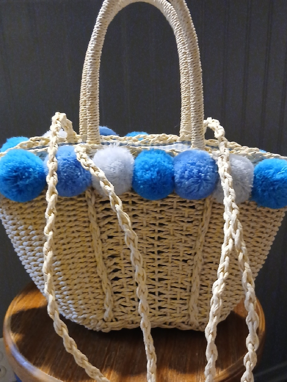 Most Wanted Blue Pom Pom Straw Bag